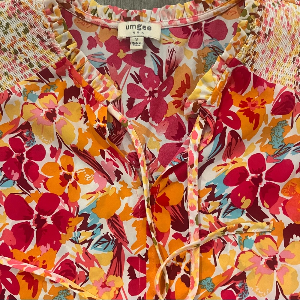 UMGEE Boho Floral Patchwork Dress Size S Smocked Tie Neck - Picture 4 of 7